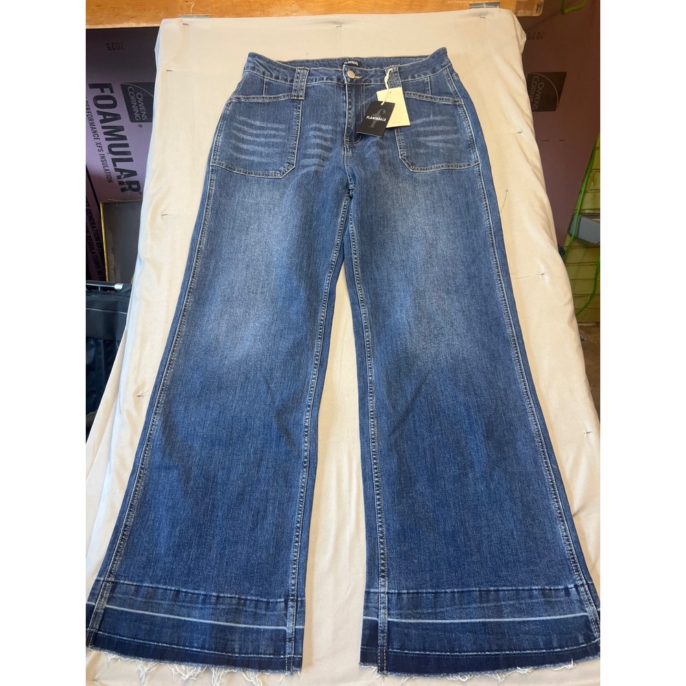 Flamingals XL Blue Wide Leg Jeans High Rise Raw Hem Stretch Denim 258737 XH